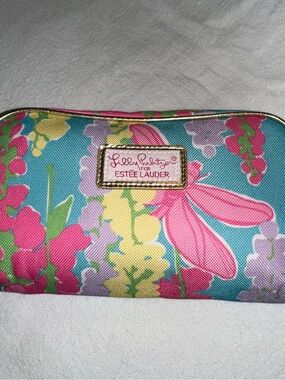 Lilly Pulitzer Turquoise Floral Cosmetic Pouch with Pink Accents